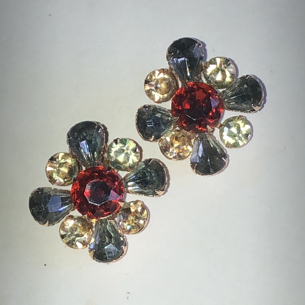 Amber Rhinestone Floral Crystal Vintage Clip On Earrings